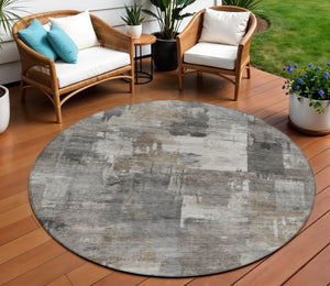 HomeRoots 5' Modern Abstract Washable Area Rug in Pewter, Khaki & Charcoal for Indoor/Outdoor Spaces 8' Round 630785