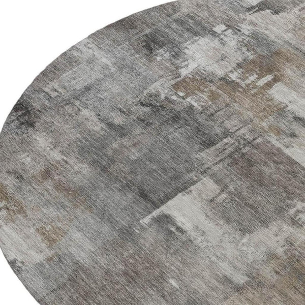 HomeRoots 5' Modern Abstract Washable Area Rug in Pewter, Khaki & Charcoal for Indoor/Outdoor Spaces 8' Round 630785