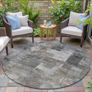 HomeRoots 5' Modern Abstract Washable Area Rug in Pewter, Khaki & Charcoal for Indoor/Outdoor Spaces 8' Round 630785