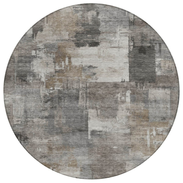 HomeRoots 5' Modern Abstract Washable Area Rug in Pewter, Khaki & Charcoal for Indoor/Outdoor Spaces 8' Round 630785