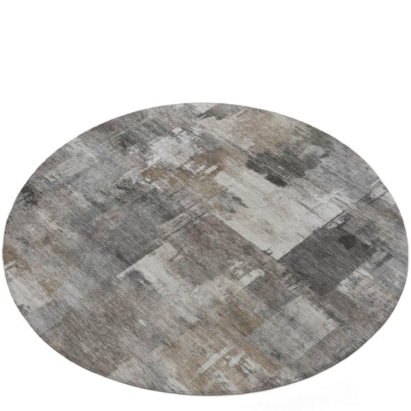 HomeRoots 5' Modern Abstract Washable Area Rug in Pewter, Khaki & Charcoal for Indoor/Outdoor Spaces 8' Round 630785