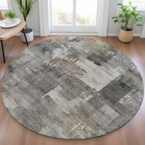 HomeRoots 5' Modern Abstract Washable Area Rug in Pewter, Khaki & Charcoal for Indoor/Outdoor Spaces 8' Round 630785