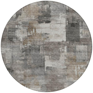 HomeRoots 5' Modern Abstract Washable Area Rug in Pewter, Khaki & Charcoal for Indoor/Outdoor Spaces 8' Round 630785