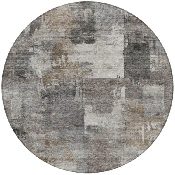 HomeRoots 5' Modern Abstract Washable Area Rug in Pewter, Khaki & Charcoal for Indoor/Outdoor Spaces 8' Round 630785