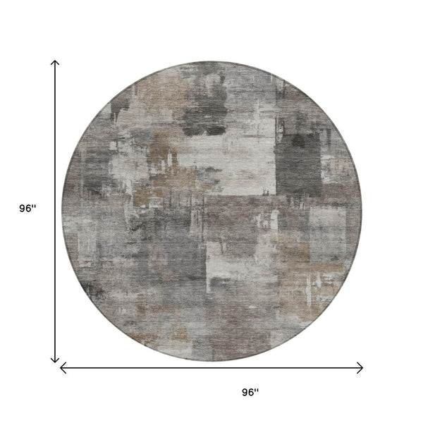 HomeRoots 5' Modern Abstract Washable Area Rug in Pewter, Khaki & Charcoal for Indoor/Outdoor Spaces 8' Round 630785