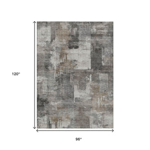HomeRoots 5' Modern Abstract Washable Area Rug in Pewter, Khaki & Charcoal for Indoor/Outdoor Spaces 8' X 10' 630786