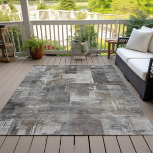 HomeRoots 5' Modern Abstract Washable Area Rug in Pewter, Khaki & Charcoal for Indoor/Outdoor Spaces 9' X 12' 630787