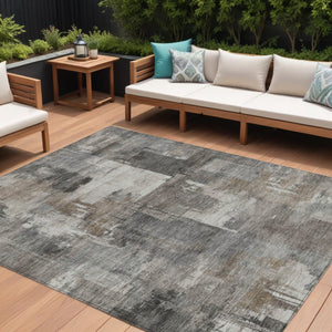 HomeRoots 5' Modern Abstract Washable Area Rug in Pewter, Khaki & Charcoal for Indoor/Outdoor Spaces 10' X 14' 630788