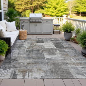 HomeRoots 5' Modern Abstract Washable Area Rug in Pewter, Khaki & Charcoal for Indoor/Outdoor Spaces 10' X 14' 630788