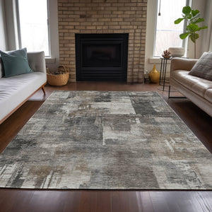 HomeRoots 5' Modern Abstract Washable Area Rug in Pewter, Khaki & Charcoal for Indoor/Outdoor Spaces 10' X 14' 630788