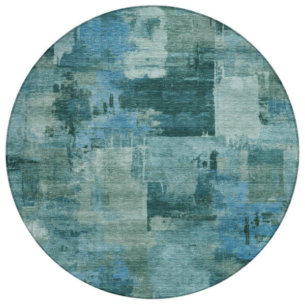 HomeRoots 5' Coastal-Inspired Teal Blue and Aqua Abstract Area Rug for Indoor/Outdoor High-Traffic Use 8' Round 630791