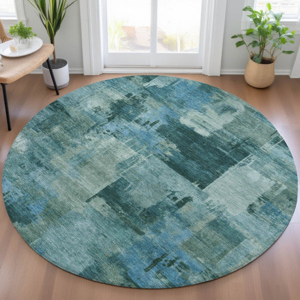 HomeRoots 5' Coastal-Inspired Teal Blue and Aqua Abstract Area Rug for Indoor/Outdoor High-Traffic Use 8' Round 630791