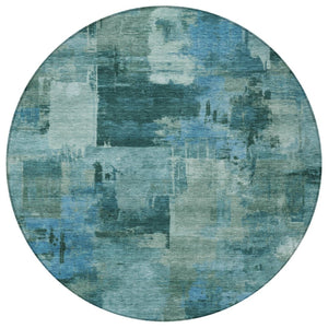 HomeRoots 5' Coastal-Inspired Teal Blue and Aqua Abstract Area Rug for Indoor/Outdoor High-Traffic Use 8' Round 630791