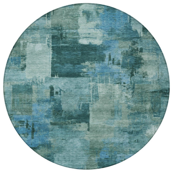HomeRoots 5' Coastal-Inspired Teal Blue and Aqua Abstract Area Rug for Indoor/Outdoor High-Traffic Use 8' Round 630791