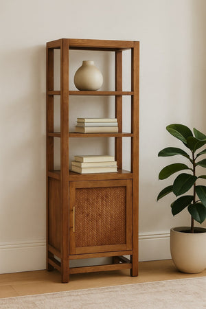 English Elm Solid Wood Open Shelf Unit With Rattan Cabinet - Stylish 3-Shelf Organizer For Living Spaces & More B182P372138-GIGA