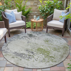 HomeRoots 5' Modern Abstract Linen Fern Green and Beige Area Rug for Stylish Indoor and Outdoor Spaces 8' Round 630797