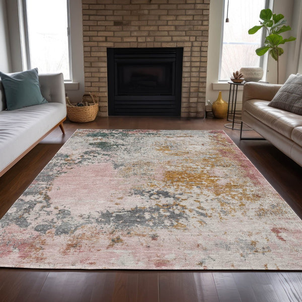 HomeRoots 5' Abstract Area Rug in Pink, Charcoal & Copper – Stylish, Washable, Durable for Indoor & Outdoor Use 5' X 8' 630802
