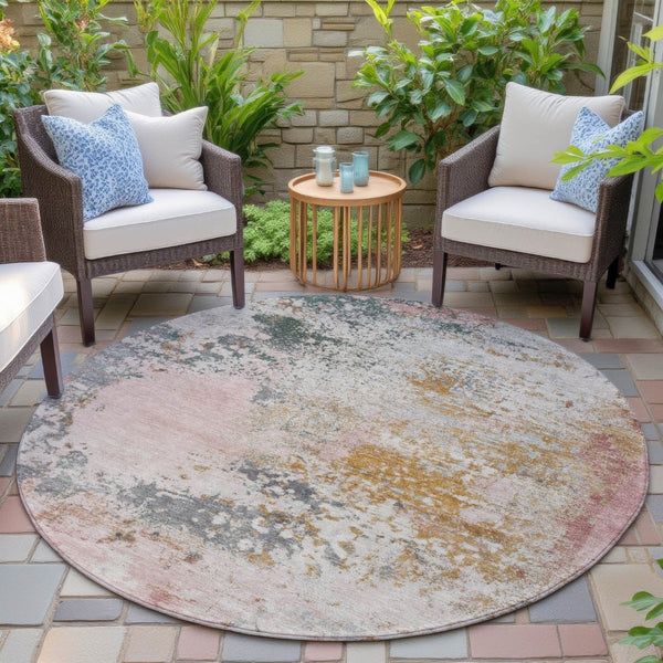 HomeRoots 5' Abstract Area Rug in Pink, Charcoal & Copper – Stylish, Washable, Durable for Indoor & Outdoor Use 8' Round 630803