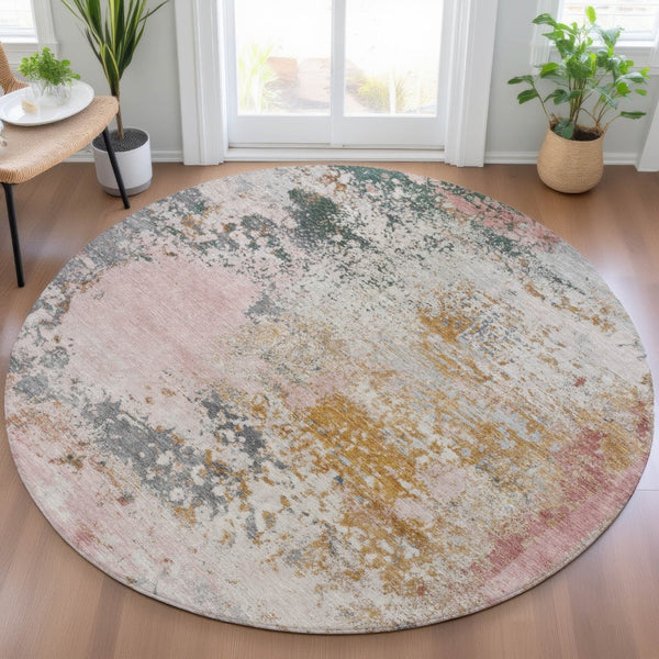 HomeRoots 5' Abstract Area Rug in Pink, Charcoal & Copper – Stylish, Washable, Durable for Indoor & Outdoor Use 8' Round 630803