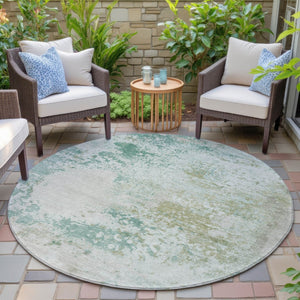 HomeRoots 5' Abstract Washable Area Rug in Beige, Teal, and Ivory – Stylish, Durable, Indoor/Outdoor Essential 8' Round 630809