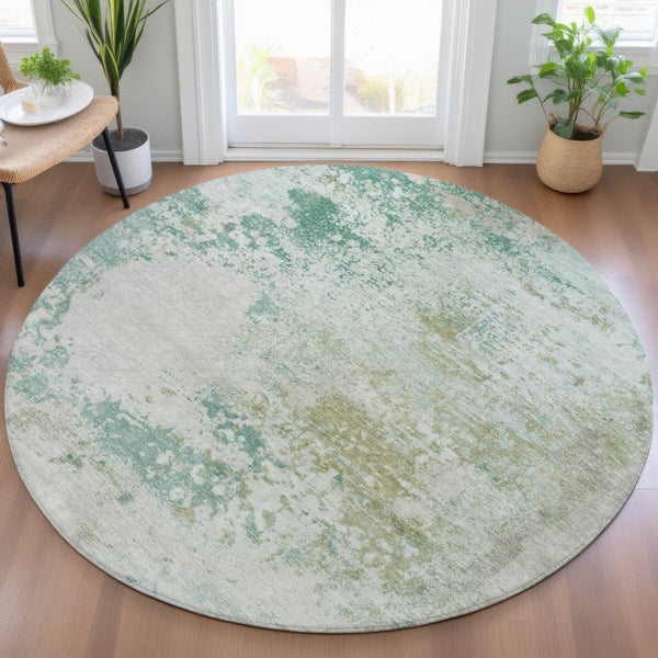 HomeRoots 5' Abstract Washable Area Rug in Beige, Teal, and Ivory – Stylish, Durable, Indoor/Outdoor Essential 8' Round 630809