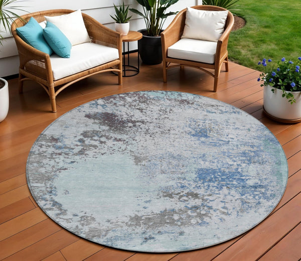 HomeRoots 5' Turquoise Denim Blue and Gray Abstract Area Rug - Modern, Durable, Washable for Indoor/Outdoor Use 8' Round 630815