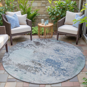 HomeRoots 5' Turquoise Denim Blue and Gray Abstract Area Rug - Modern, Durable, Washable for Indoor/Outdoor Use 8' Round 630815
