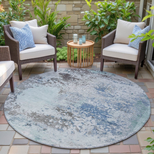 HomeRoots 5' Turquoise Denim Blue and Gray Abstract Area Rug - Modern, Durable, Washable for Indoor/Outdoor Use 8' Round 630815