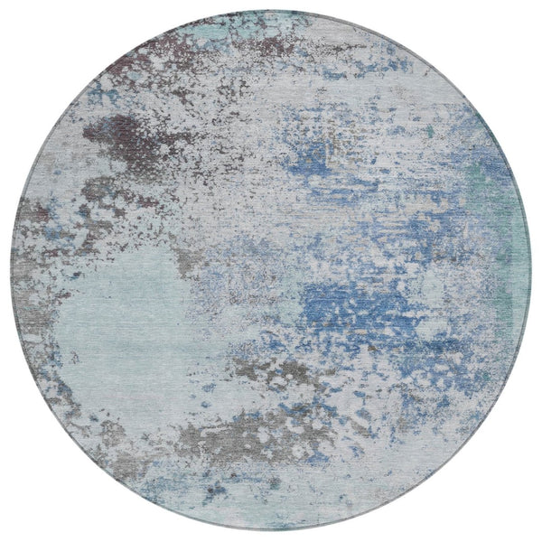 HomeRoots 5' Turquoise Denim Blue and Gray Abstract Area Rug - Modern, Durable, Washable for Indoor/Outdoor Use 8' Round 630815