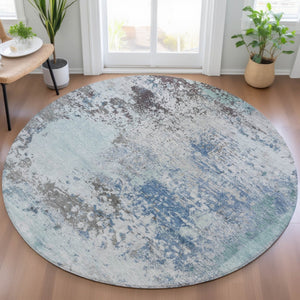 HomeRoots 5' Turquoise Denim Blue and Gray Abstract Area Rug - Modern, Durable, Washable for Indoor/Outdoor Use 8' Round 630815