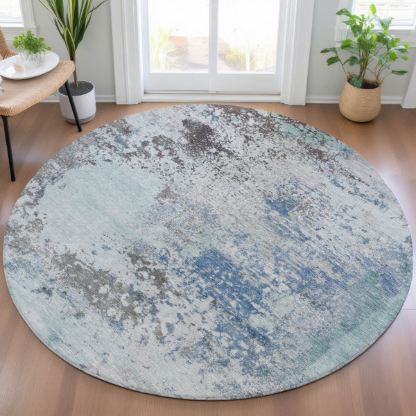 HomeRoots 5' Turquoise Denim Blue and Gray Abstract Area Rug - Modern, Durable, Washable for Indoor/Outdoor Use 8' Round 630815