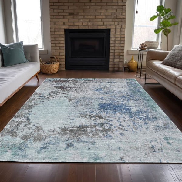 HomeRoots 5' Turquoise Denim Blue and Gray Abstract Area Rug - Modern, Durable, Washable for Indoor/Outdoor Use 9' X 12' 630817