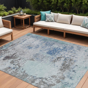 HomeRoots 5' Turquoise Denim Blue and Gray Abstract Area Rug - Modern, Durable, Washable for Indoor/Outdoor Use 10' X 14' 630818