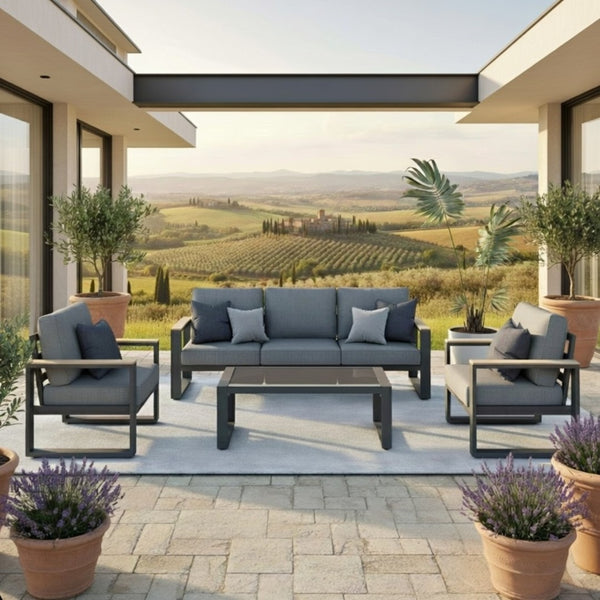 English Elm All-weather Aluminum 5 Seat Outdoor Conversation Set with Tempered Glass Table Gray B082S00112