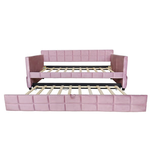 English Elm Modern Velvet Twin Daybed with Pull Out Trundle and Built in Armrest Storage Pockets Pink SF000200AAH