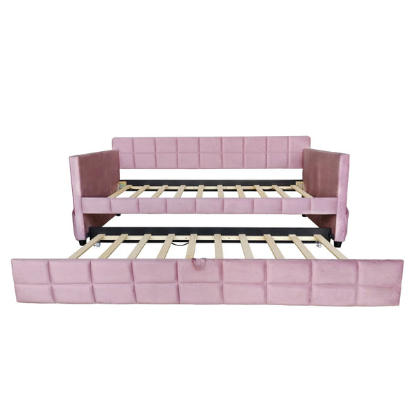 English Elm Modern Velvet Twin Daybed with Pull Out Trundle and Built in Armrest Storage Pockets Pink SF000200AAH