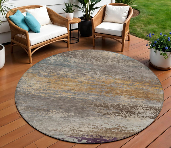 HomeRoots 5' Stylish Brown, Gray & Purple Abstract Washable Area Rug for Indoor & Outdoor Spaces, Durable Design 8' Round 630833