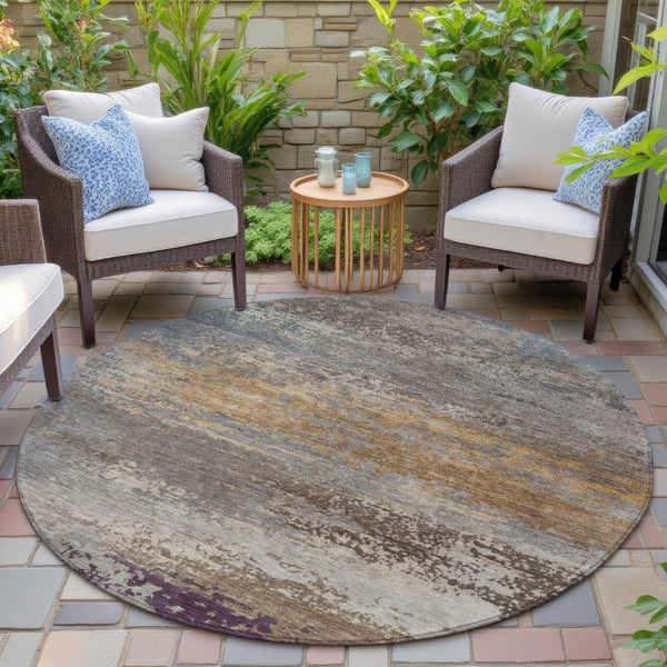 HomeRoots 5' Stylish Brown, Gray & Purple Abstract Washable Area Rug for Indoor & Outdoor Spaces, Durable Design 8' Round 630833
