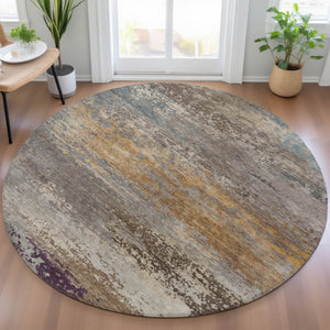 HomeRoots 5' Stylish Brown, Gray & Purple Abstract Washable Area Rug for Indoor & Outdoor Spaces, Durable Design 8' Round 630833