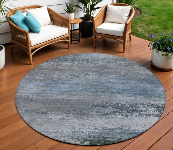 HomeRoots 5' Modern Abstract Area Rug in Pewter, Navy Blue & Charcoal – Durable, Washable for Indoor/Outdoor Use 8' Round 630845