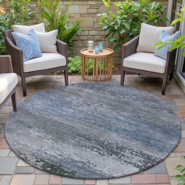 HomeRoots 5' Modern Abstract Area Rug in Pewter, Navy Blue & Charcoal – Durable, Washable for Indoor/Outdoor Use 8' Round 630845
