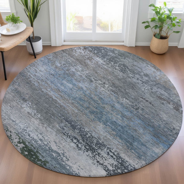 HomeRoots 5' Modern Abstract Area Rug in Pewter, Navy Blue & Charcoal – Durable, Washable for Indoor/Outdoor Use 8' Round 630845