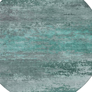 HomeRoots 5' Coastal-Inspired Abstract Area Rug in Teal Blue, Aqua & Gray – Durable, Washable, Versatile Design 8' Round 630857
