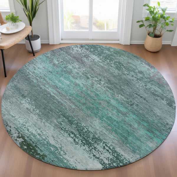 HomeRoots 5' Coastal-Inspired Abstract Area Rug in Teal Blue, Aqua & Gray – Durable, Washable, Versatile Design 8' Round 630857