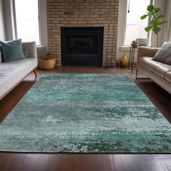 HomeRoots 5' Coastal-Inspired Abstract Area Rug in Teal Blue, Aqua & Gray – Durable, Washable, Versatile Design 8' X 10' 630858