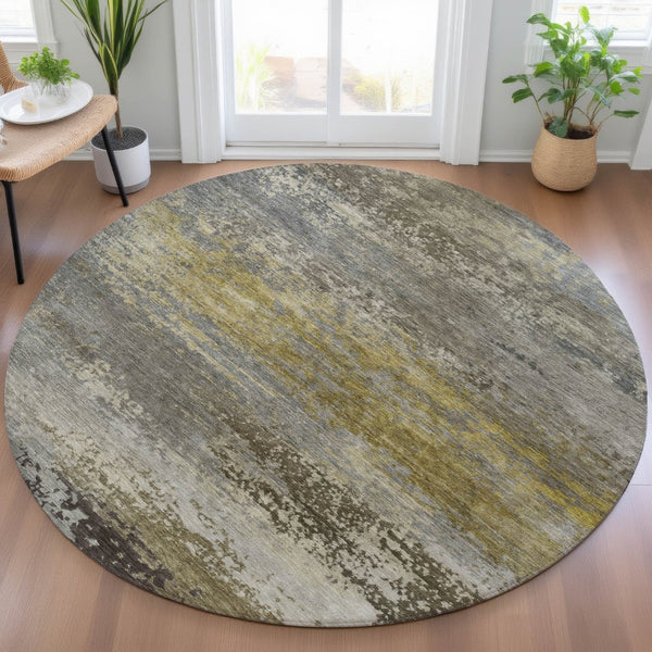 HomeRoots 5' Taupe Brown and Gold Abstract Washable Area Rug – Stylish, Durable, Indoor Outdoor Design Perfect for Any Space 8' Round 630863