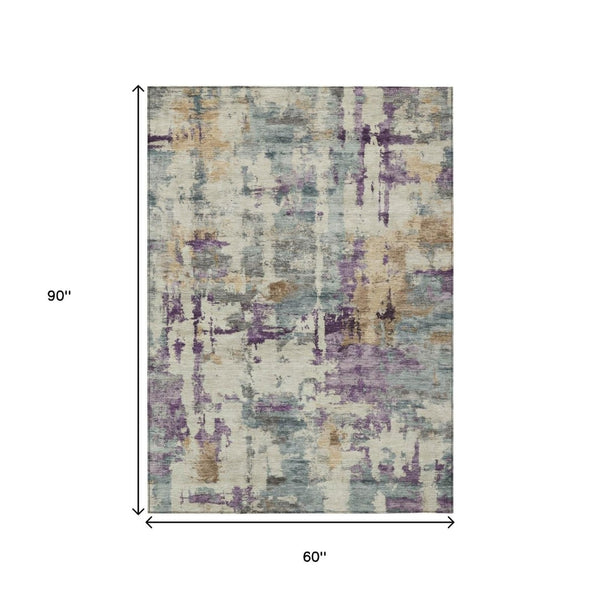 HomeRoots 5' Stylish Purple and Gold Abstract Area Rug - Durable, Washable, Indoor/Outdoor Design for Modern Spaces 5' X 8' 630868