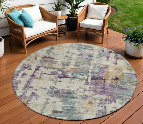 HomeRoots 5' Stylish Purple and Gold Abstract Area Rug - Durable, Washable, Indoor/Outdoor Design for Modern Spaces 8' Round 630869