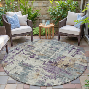 HomeRoots 5' Stylish Purple and Gold Abstract Area Rug - Durable, Washable, Indoor/Outdoor Design for Modern Spaces 8' Round 630869