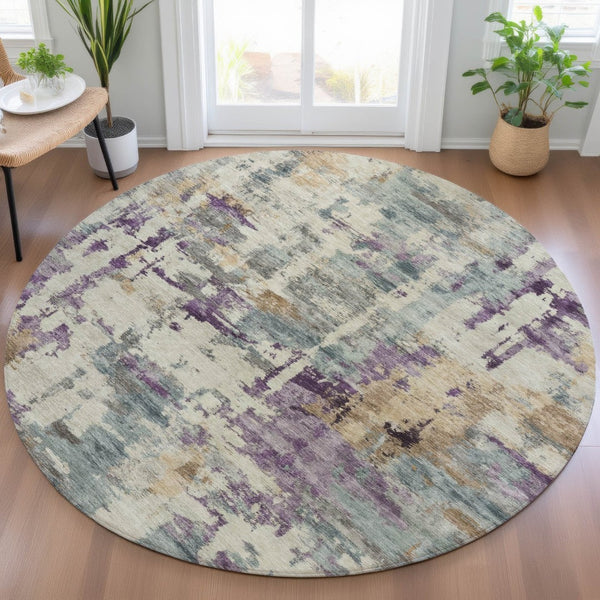 HomeRoots 5' Stylish Purple and Gold Abstract Area Rug - Durable, Washable, Indoor/Outdoor Design for Modern Spaces 8' Round 630869